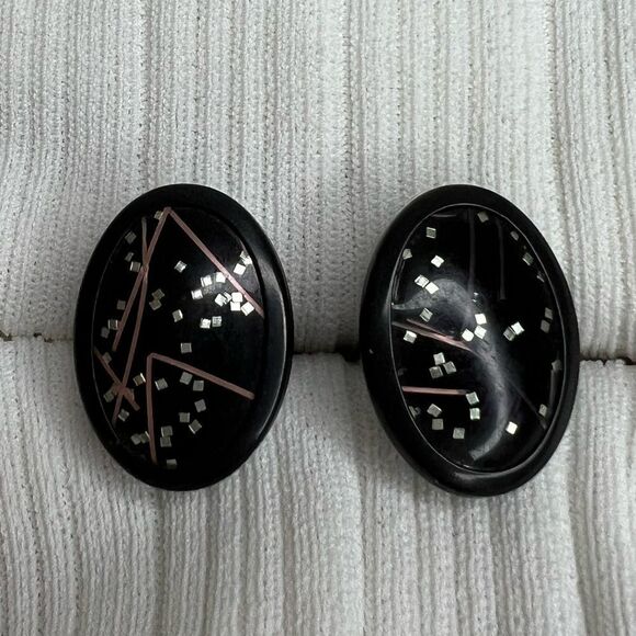 Vintage Jet Black Silver and Rose Gold Tone Glitter Cufflinks - Picture 6 of 17